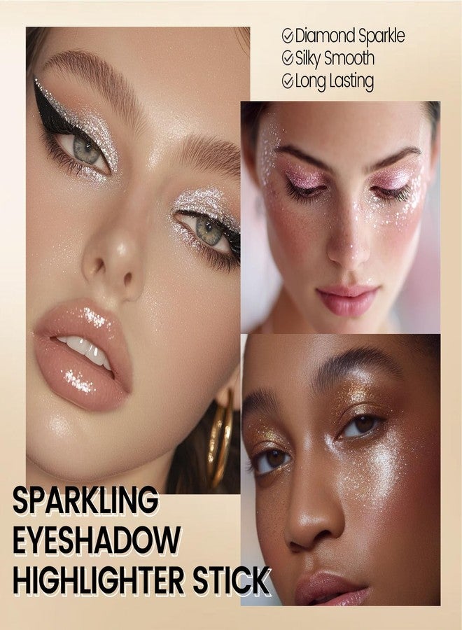 Noerrors 3Colors Glitter Eyeshadow Brightener Stick Set, Champagne&Pink&Pearl White Sparkle Cream Eyeliner&Eye Shadow Pencil with Brush, Waterproof Silky Smooth Shimmer Metallic Eye Highlighter Makeup - Image 4